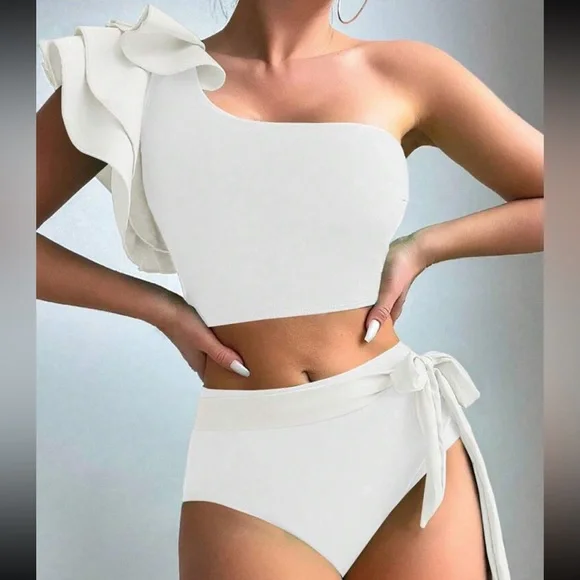 Black Swimsuit Swear wear Ruffle Trim One Shoulder Top High Waist Bottom - Picture 15 of 15